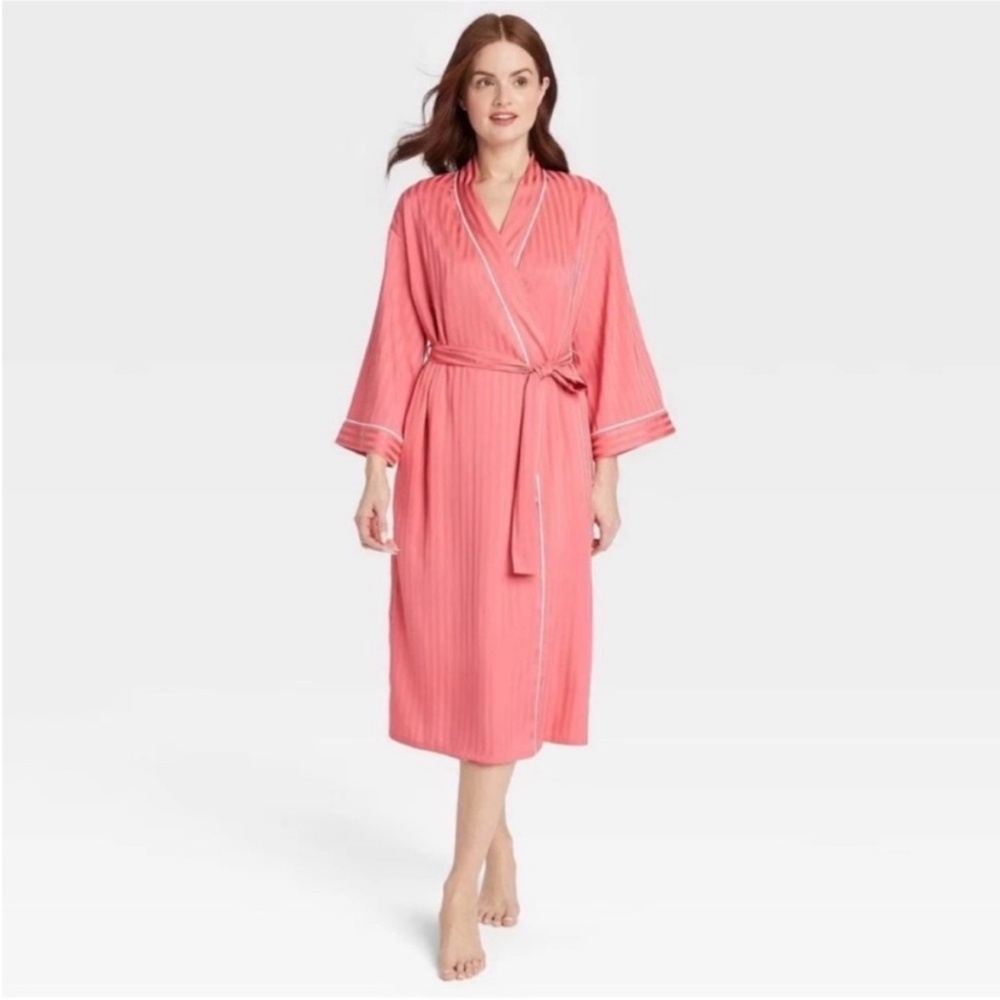 Auden - Women's Luxury Collection Shadow Striped Long Satin Robe Coral XS